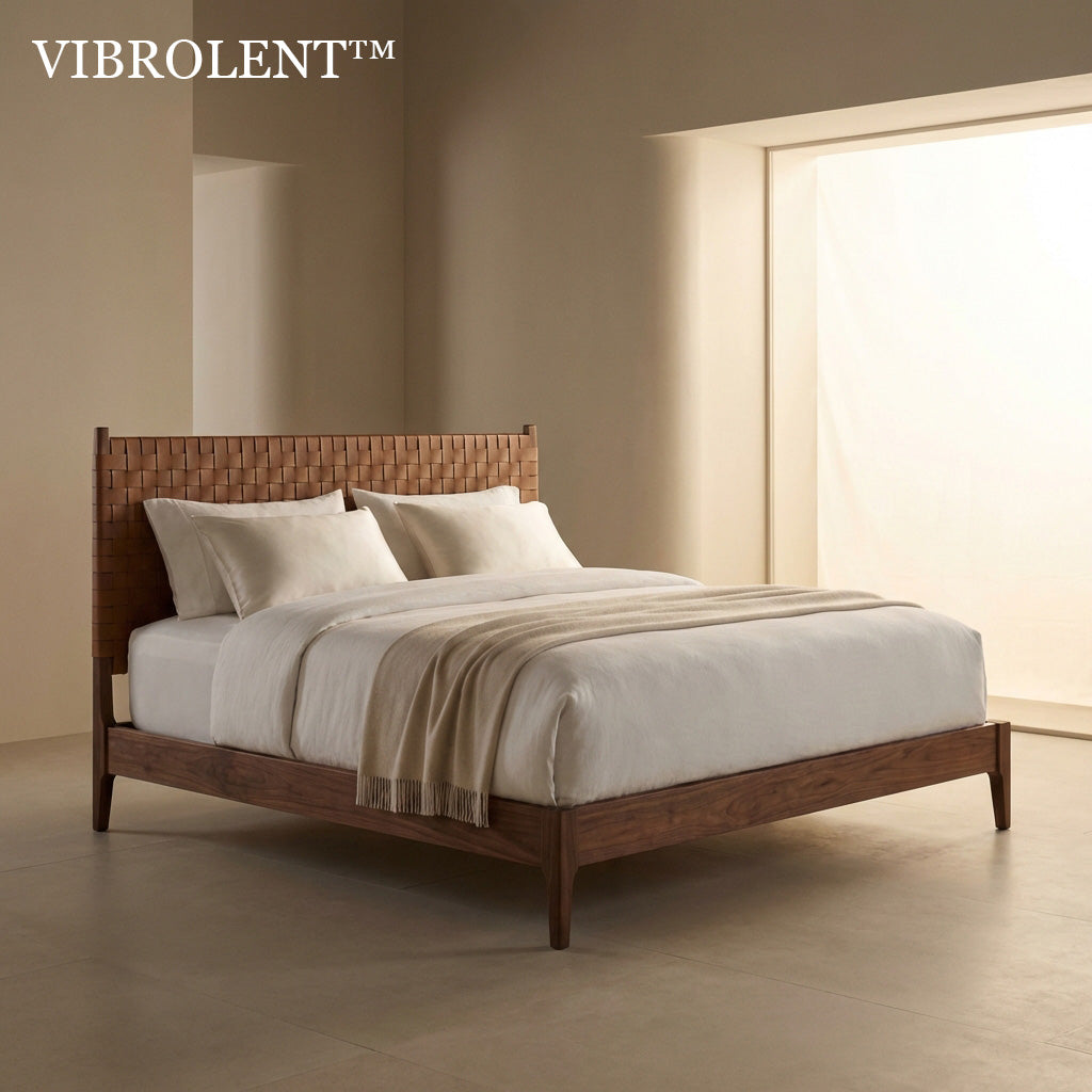 🪵 Vibrolent™ THE TIERRA WOVEN LEATHER BED "Sleep should not happen in a box; it should happen in a landscape. By weaving rich, tactile leather across a frame of solid, natural timber, we created a bed that breathes, flexes, and lives with you."