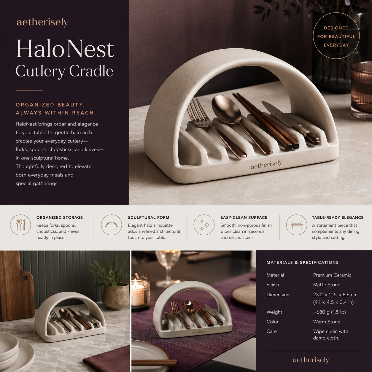 Aetherisely™ HaloNest™ Architectural Flatware Cradle