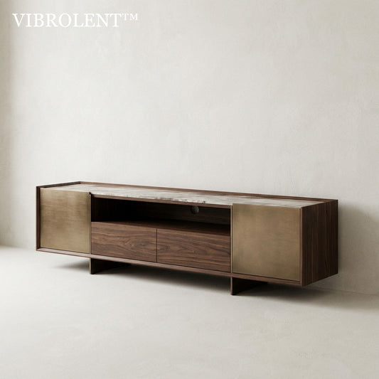 📺Vibrolent™ THE MERIDIAN BRASS-CLAD CONSOLE "Technology is fleeting; stone and brass are eternal. We engineered a media monolith that grounds the flickering light of your screens with the heavy, unyielding silence of earth's finest materials."