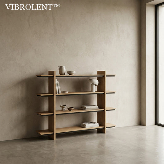 Vibrolent™ THE KANSO PILLAR ETAGERE "Do not hide your history behind closed doors. The Kanso Pillar is a stage—a minimalist scaffold engineered to elevate your artifacts, literature, and quiet moments into a gallery display."