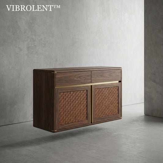 🪵 Vibrolent™ THE AETHER WOVEN CREDENZA "Floor space is the ultimate luxury in a modern home. By severing the connection to the ground, we created a heavyweight storage solution that feels lighter than air."